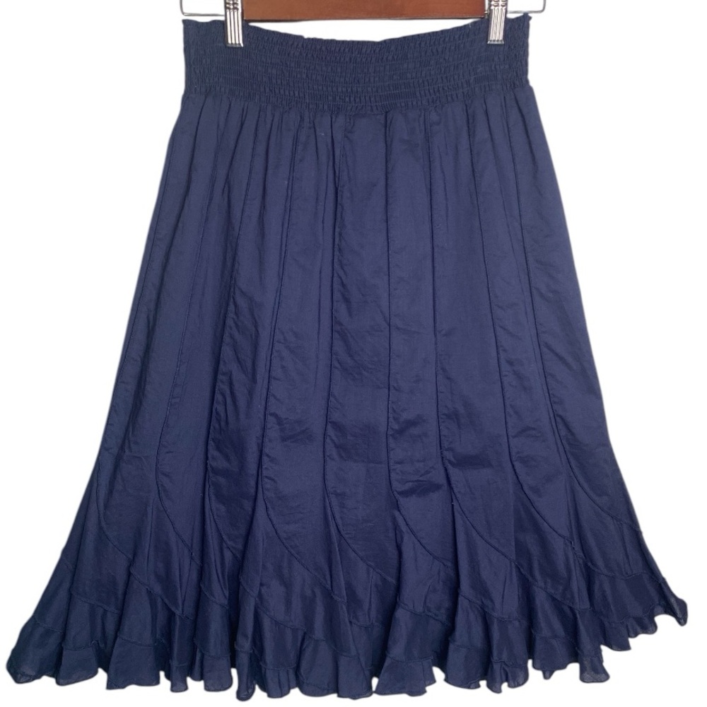 Navy Blue Ruffle Midi Skirt Cotton Boho Draped Romantic Cottage Core Flowy L EUC